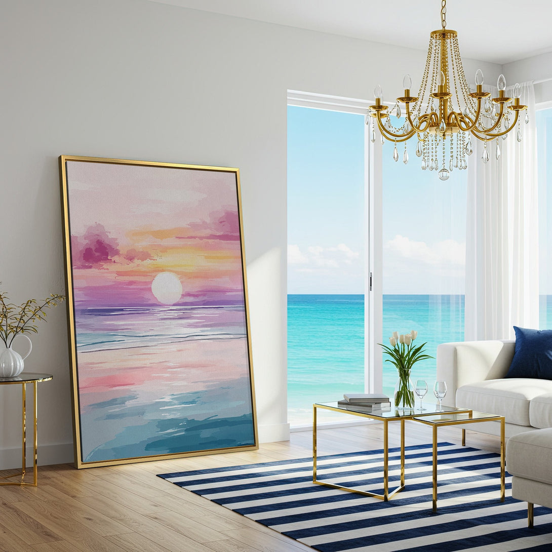 Canvas Print of a watercolor sunset over the ocean, featuring a pastel pink, purple, and blue color palette. Perfect for coastal decor!
