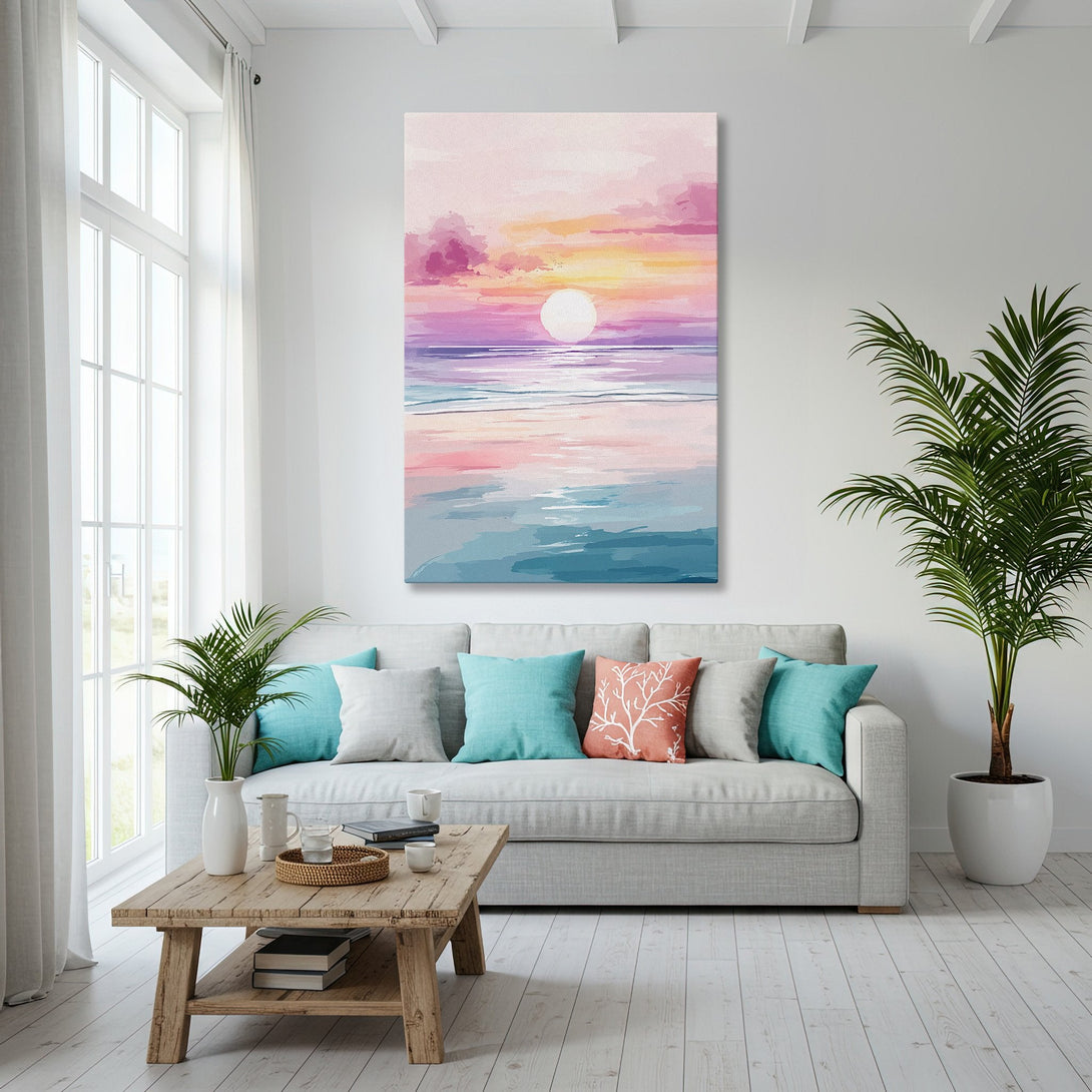 Framed Wall Art featuring a sunset seascape in pastel pinks, purples, and blues. Coastal style canvas print adds a touch of serenity to any space.