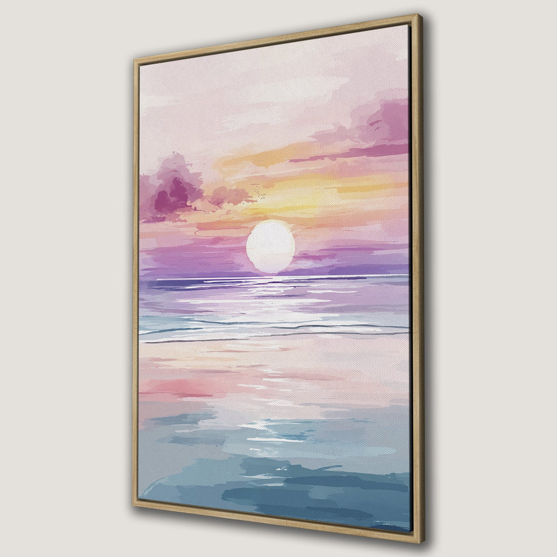 Framed Wall Art: Sunset over the ocean. Watercolor style canvas print with pink, purple, and blue hues. Perfect coastal decor for any room.