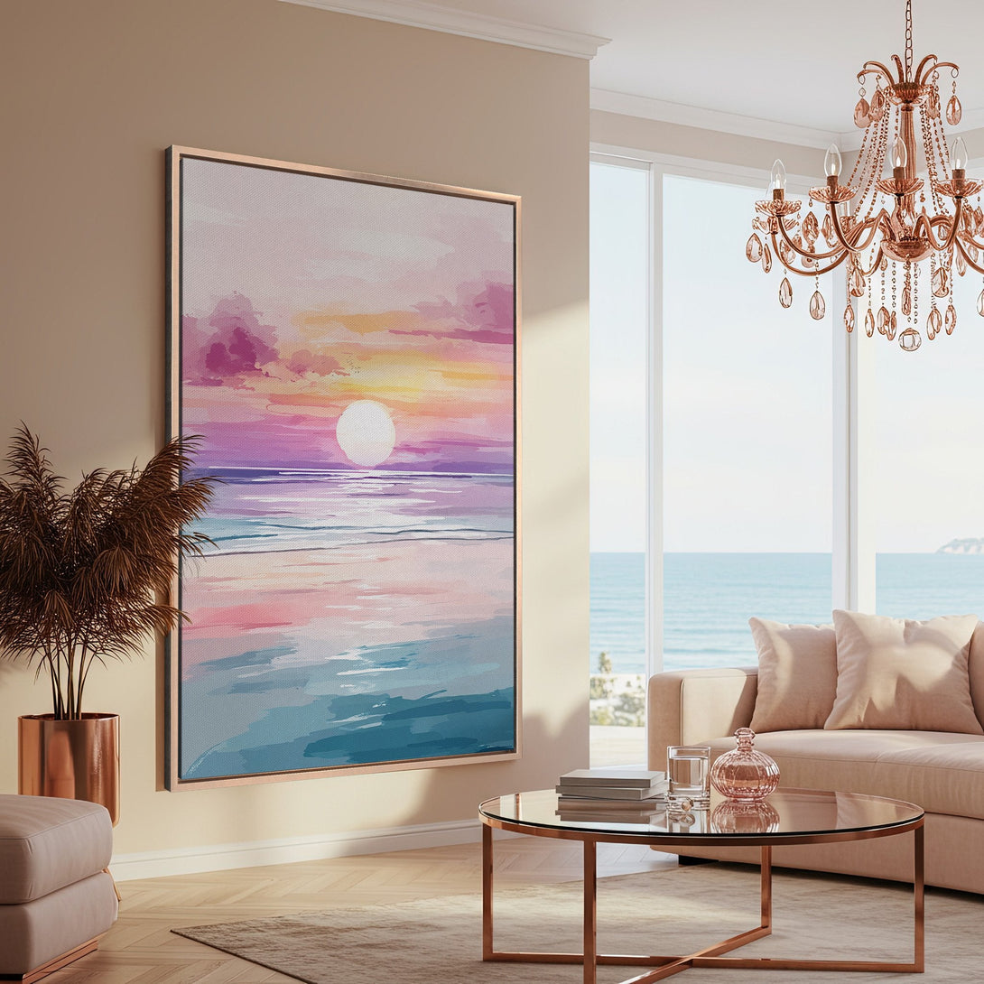 Framed Wall Art: Sunset Canvas Print in a modern interior. Pastel pink, purple, and blue color palette. Perfect for adding a touch of coastal style.
