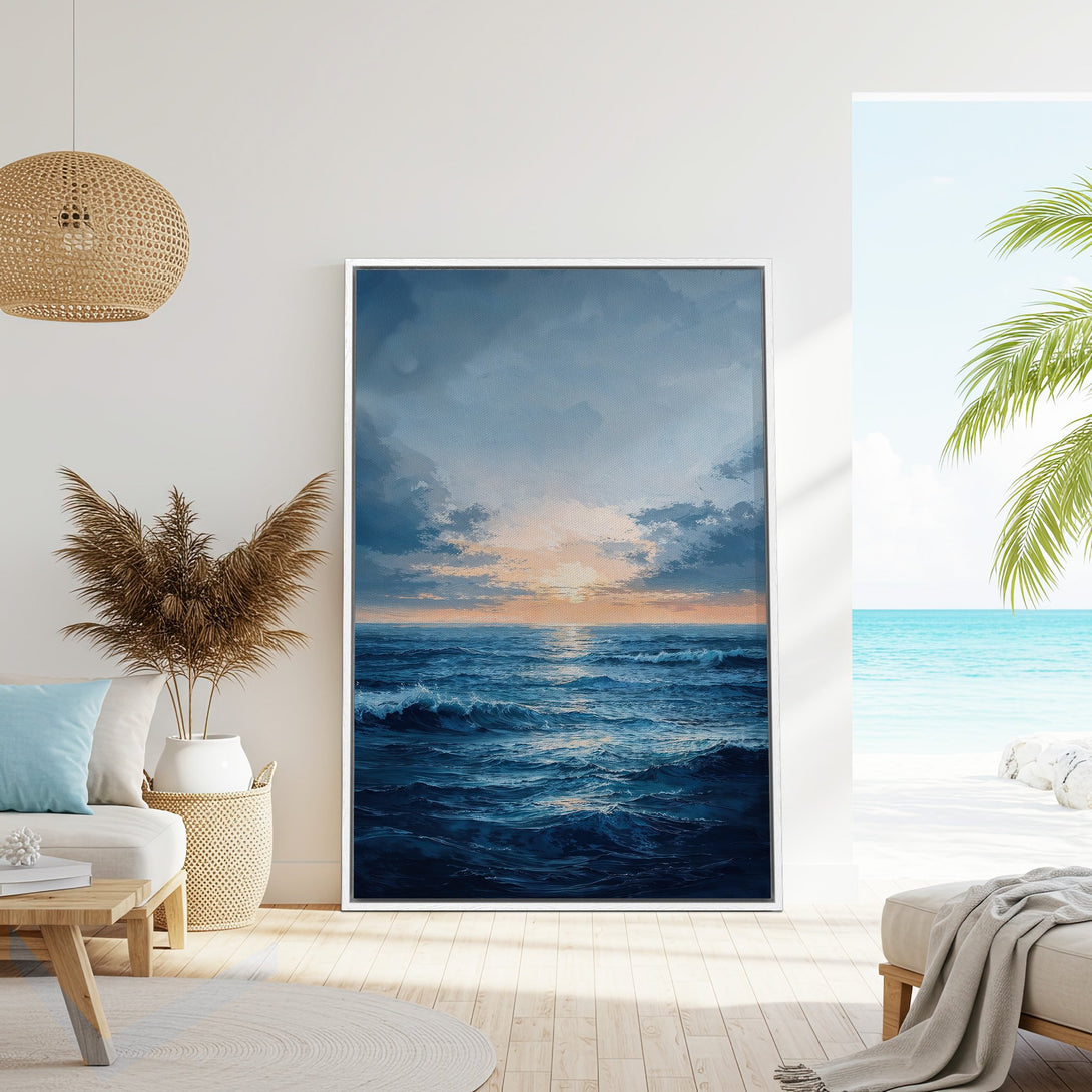 Framed Wall Art: Ocean sunset canvas print in blue and gold tones. Coastal decor for a serene living room. Shop now for beach-inspired art!