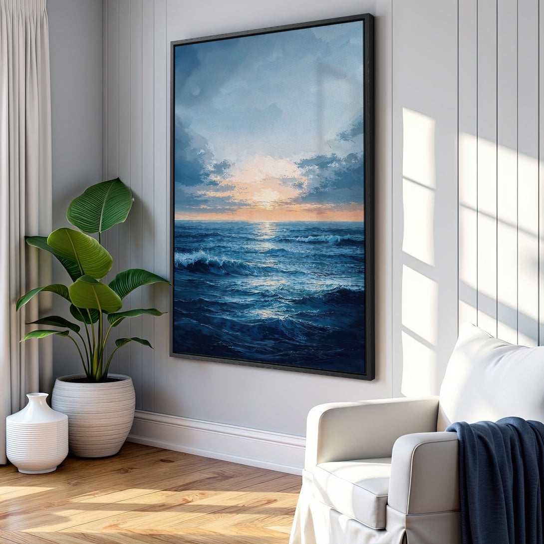 Framed Wall Art: Serene ocean sunset canvas print in blue and gold. Coastal art for a calming living room. Enhance your home decor today!
