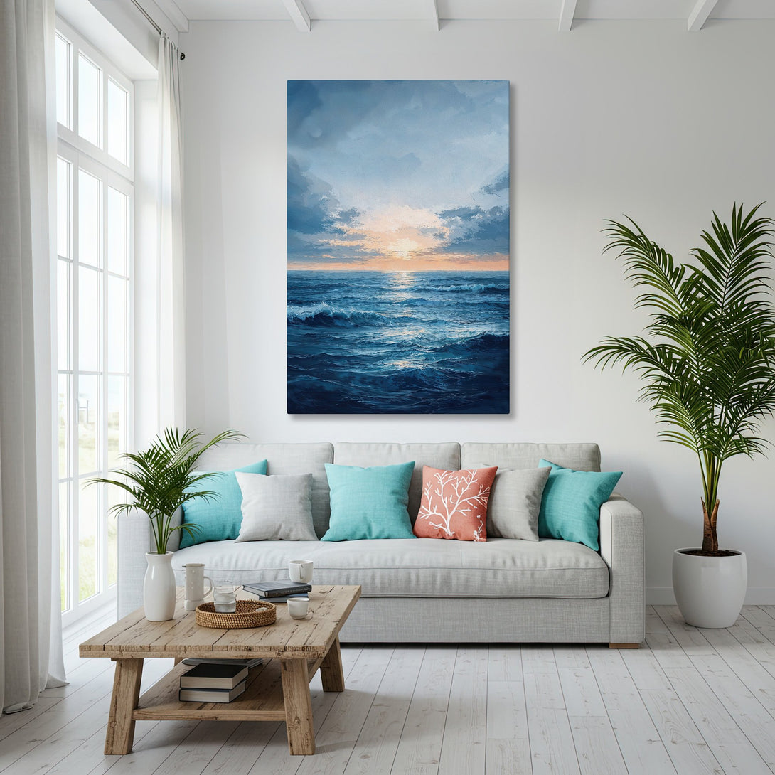 Framed Wall Art: Ocean sunset canvas print in a coastal living room. Blue and gold color palette, perfect for adding a touch of serenity.