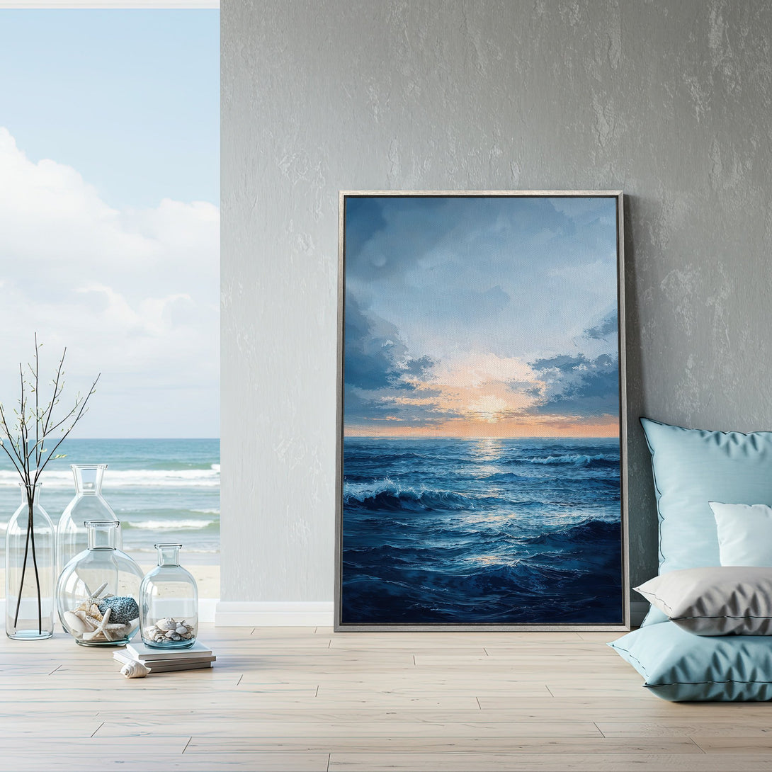 Framed Wall Art: Ocean waves canvas print in blue and gold tones. Coastal art for serene home decor. Enhance your space with this stunning artwork.