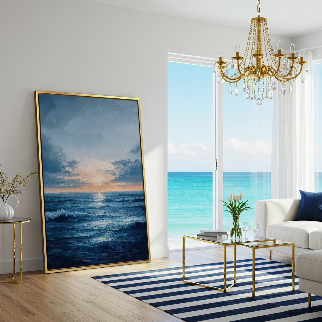 Canvas Print of ocean sunset artwork in blue and orange tones, perfect for coastal decor.