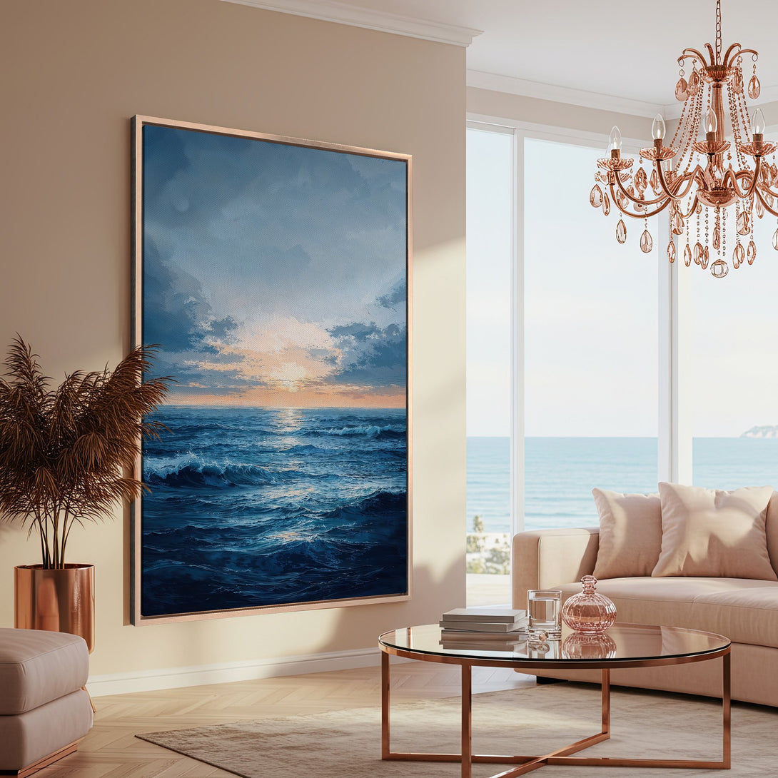 Framed Wall Art: Ocean waves painting in a coastal-inspired living room. Blue and gold color palette, perfect for adding a touch of serenity to your space.