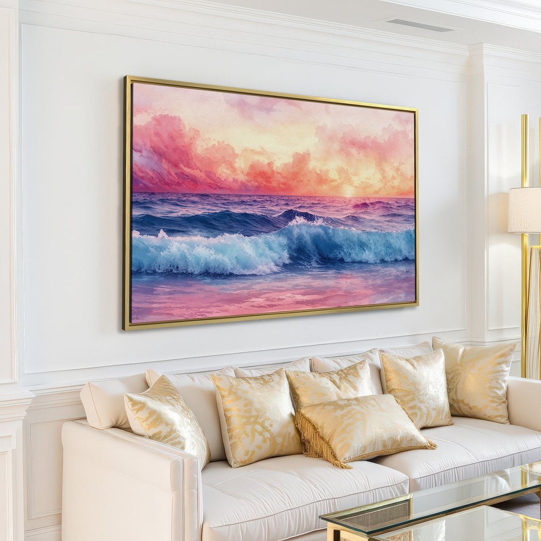 Canvas Print of a vibrant ocean scene with a watercolor style. Features a pink, blue, and purple color palette, perfect for any living room.