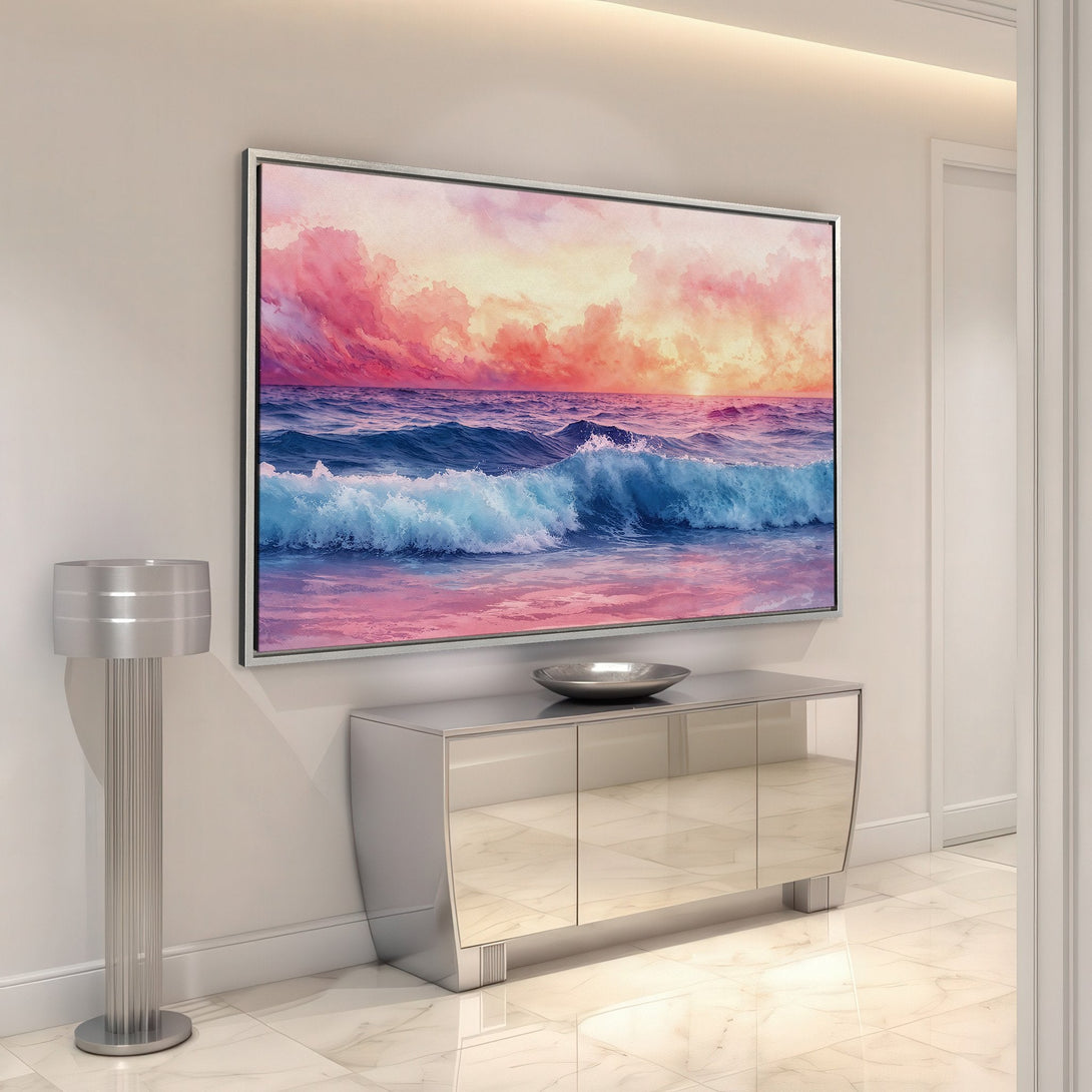 Framed Wall Art of a vibrant ocean sunset. Coastal style Canvas Print with blue, pink, and orange hues. Perfect for adding a pop of color to your home.