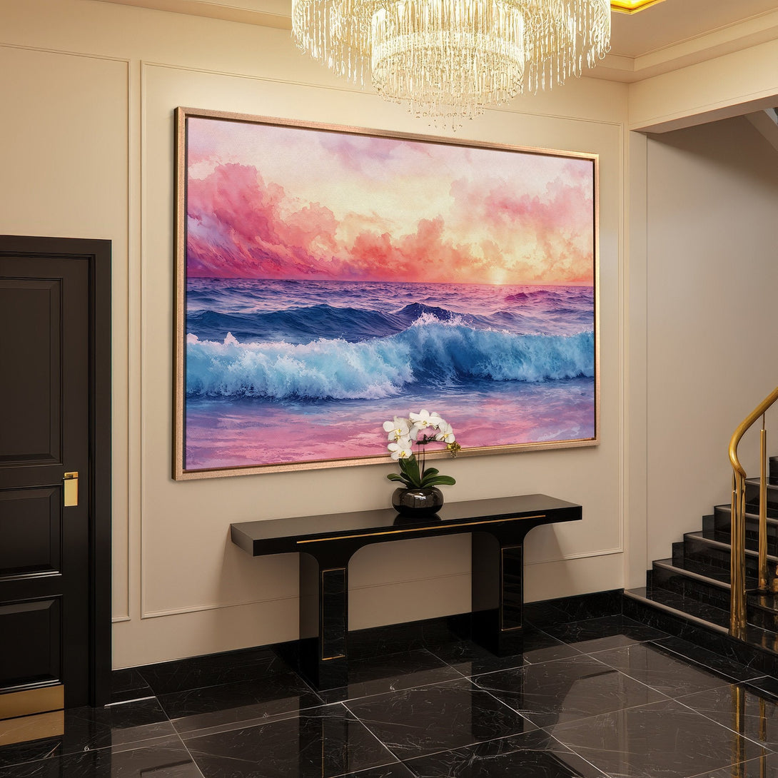 Framed Wall Art: Ocean waves canvas print with sunset hues. Enhance your space with this vibrant, modern art piece.