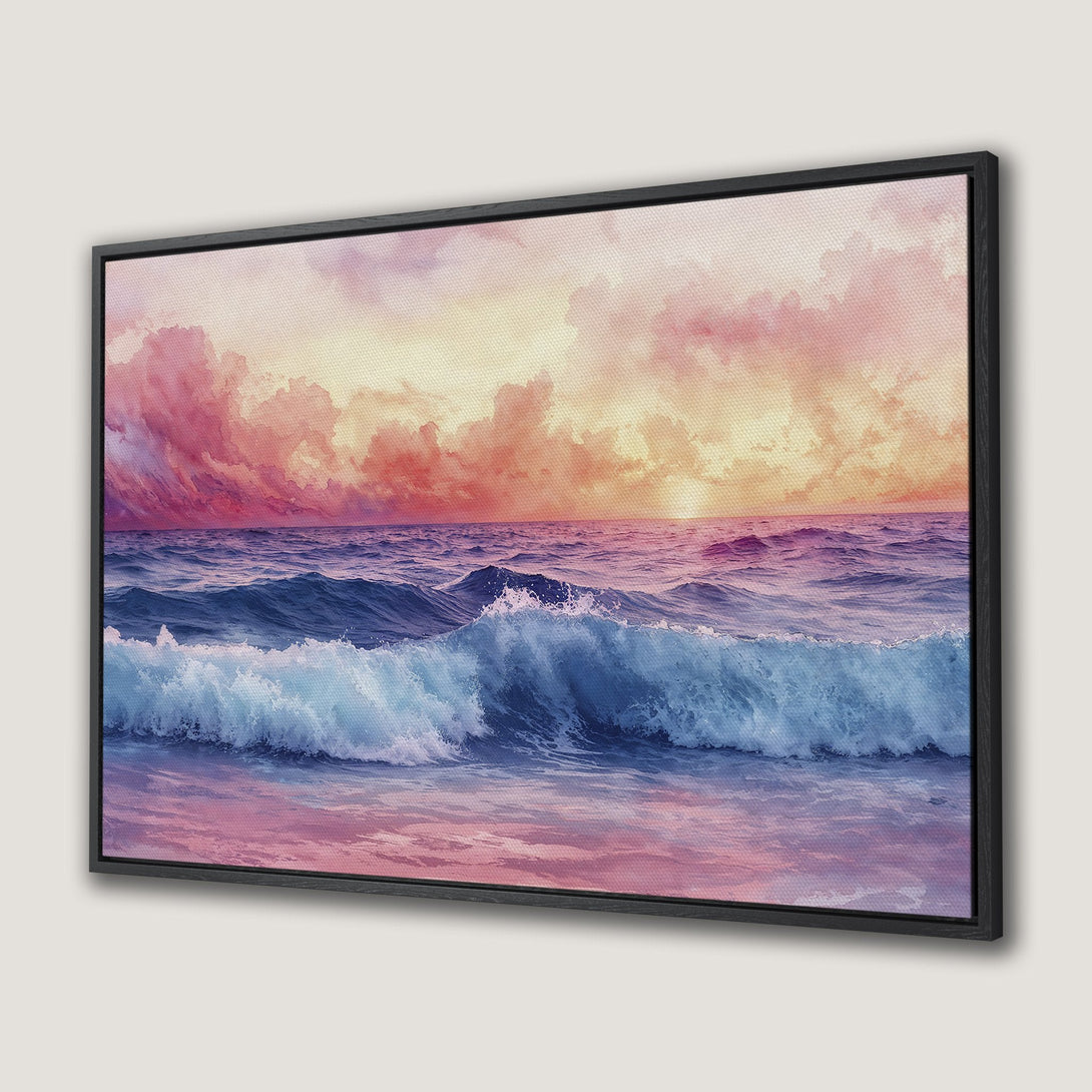 Framed Wall Art Canvas Print of a watercolor ocean sunset. Features vibrant blues, pinks, and oranges. Add coastal charm to your home decor!