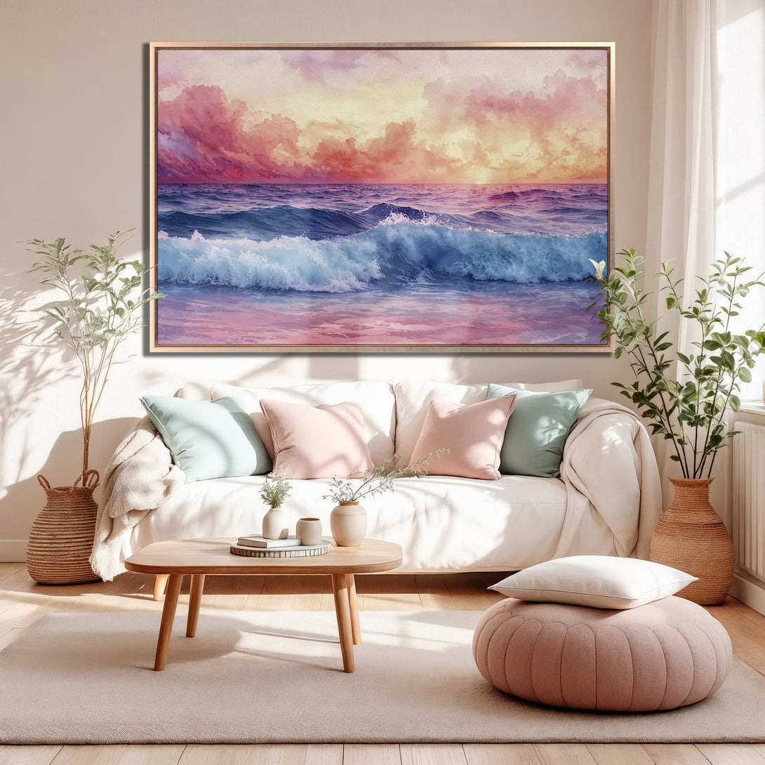 Framed Wall Art Canvas Print of a watercolor ocean sunset in pink and blue hues, perfect for coastal decor.
