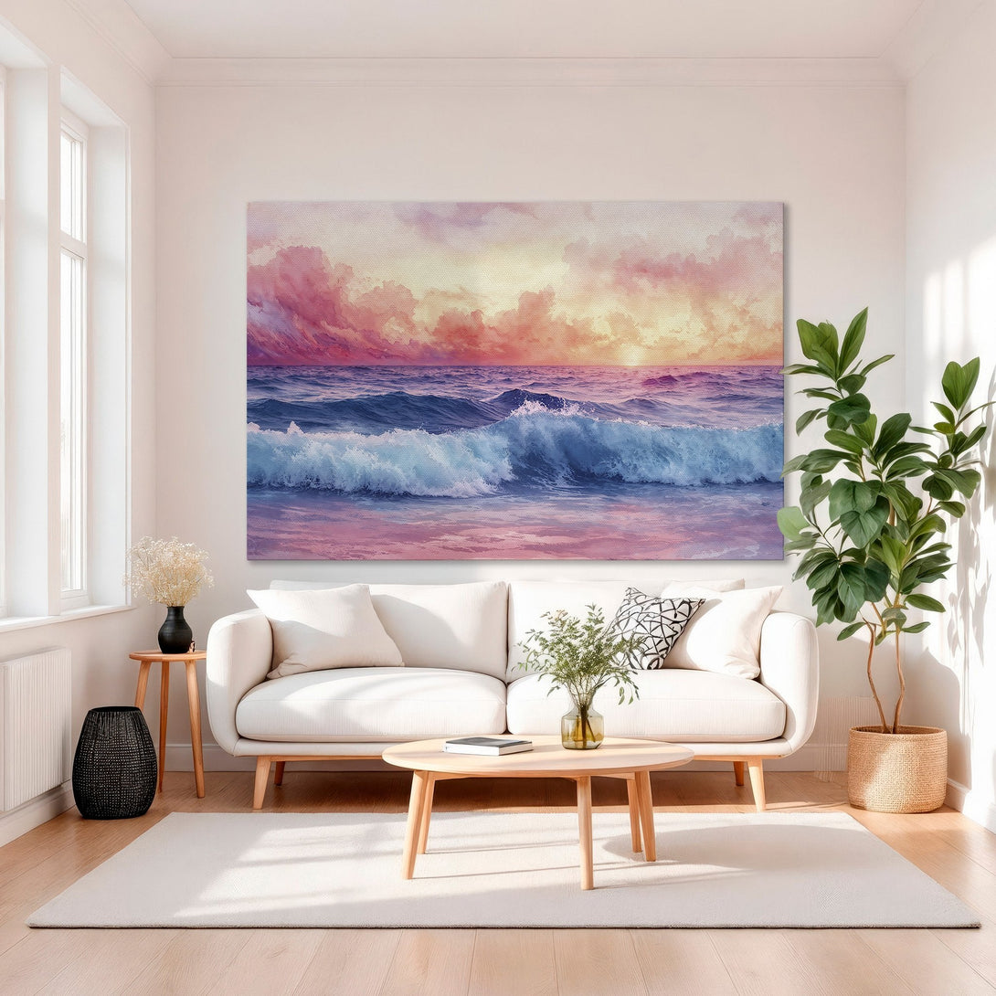 Framed Wall Art: Coastal sunset canvas print in pinks & blues, adding a serene & stylish touch to any interior. Perfect for living room decor!