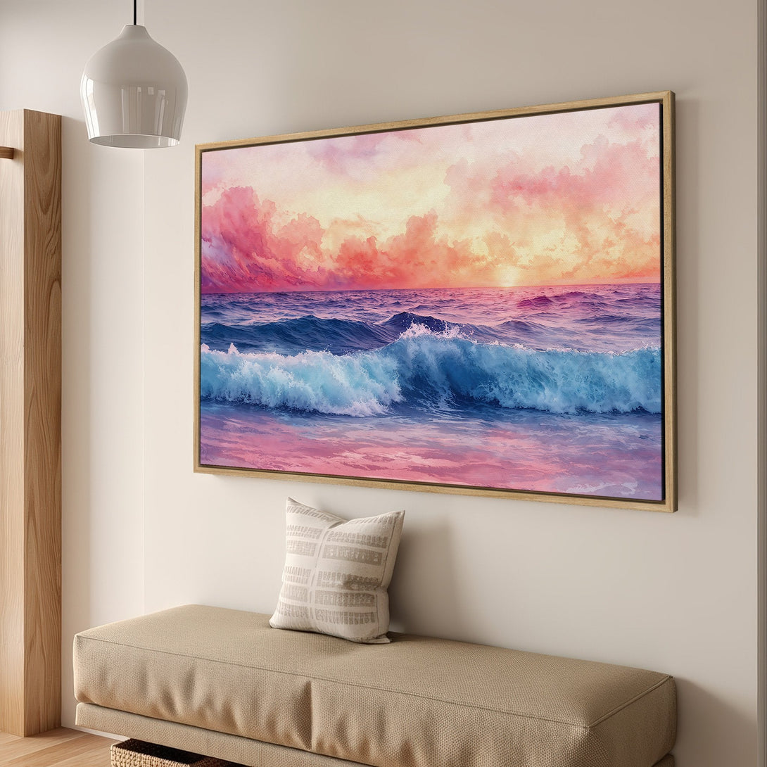 Framed Wall Art of a watercolor ocean sunset. Coastal decor with pink, blue, and orange hues. Perfect for adding a serene touch to any space.