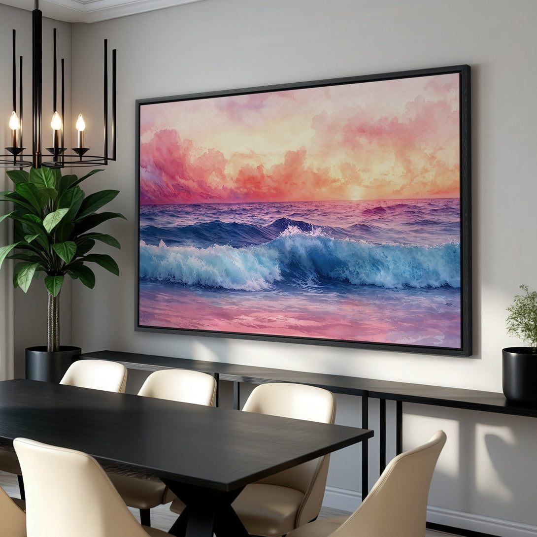 Framed Wall Art: Serene ocean waves canvas print in a modern dining room. Features a watercolor style with a calming pink, blue, and orange color palette.