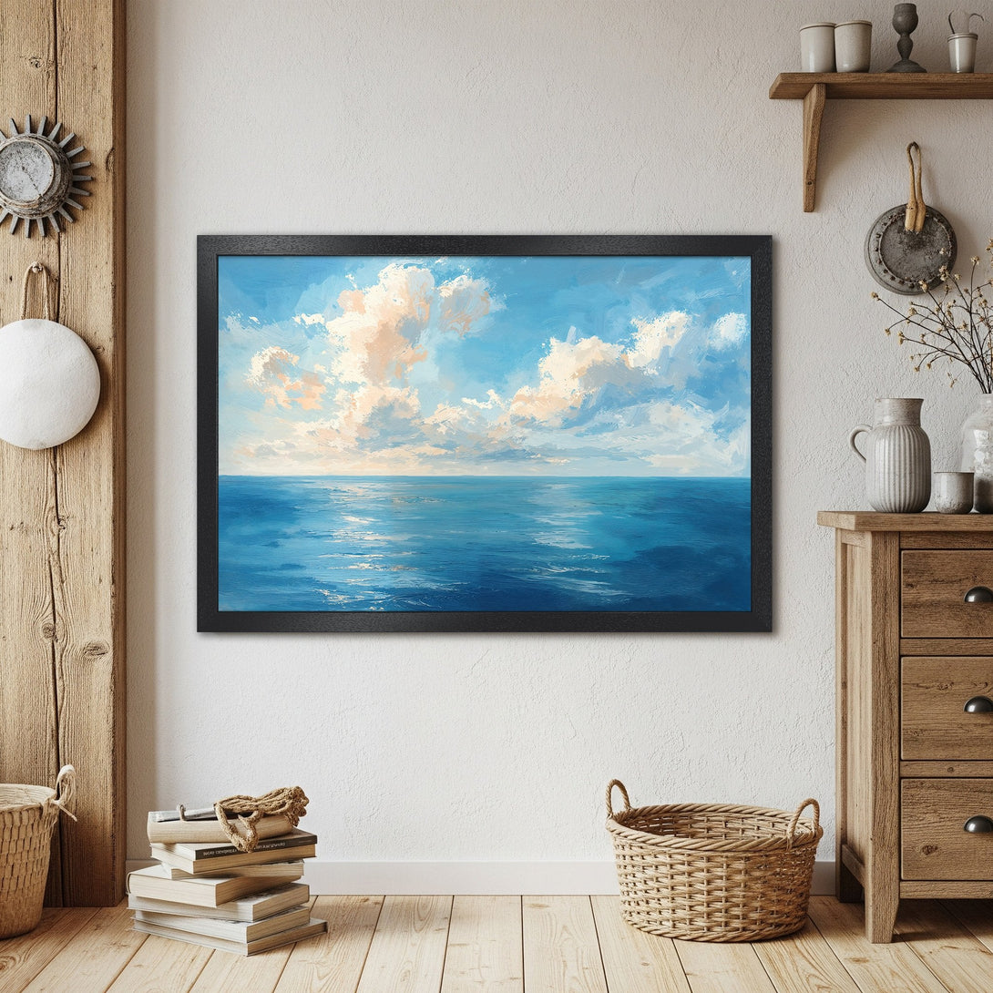 Framed Poster of ocean landscape art, blue & beige palette, perfect for coastal decor. Add serenity to your space!
