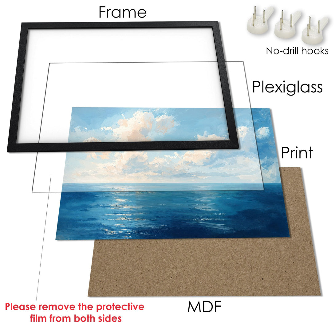 Framed Poster of a seascape painting in blue and beige tones. Perfect wall art to brighten your space!