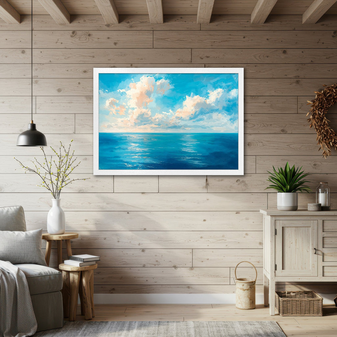 Framed Poster featuring an ocean and sky landscape painting, impressionistic style, blue and beige color palette. Perfect wall art!