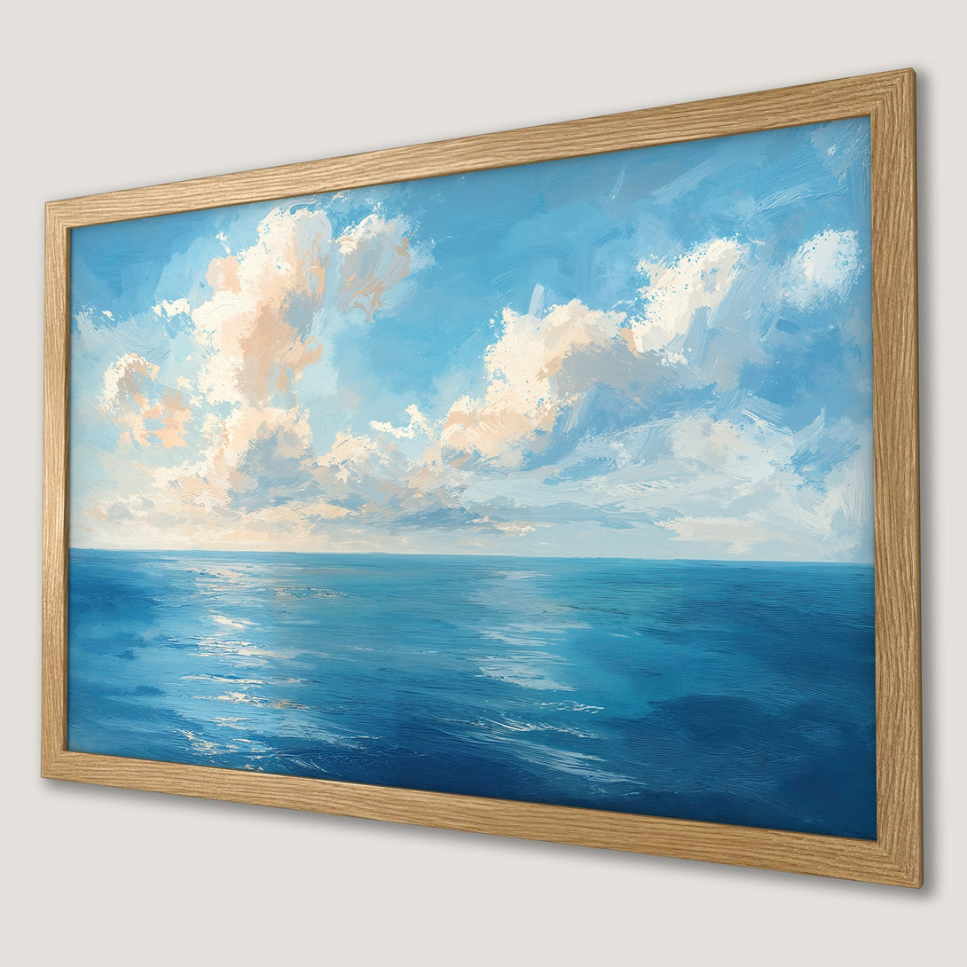 Framed Poster of ocean and sky art print, impressionist style, blue and beige color palette. Perfect wall decor.