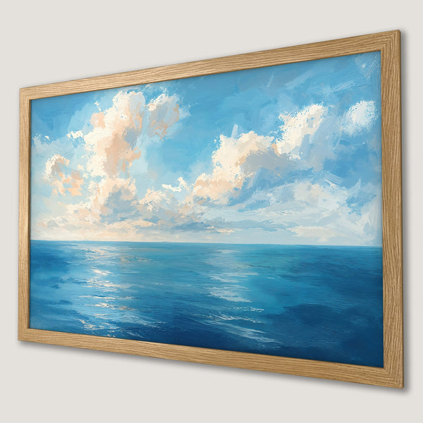 Framed Poster of ocean and sky art print, impressionist style, blue and beige color palette. Perfect wall decor.