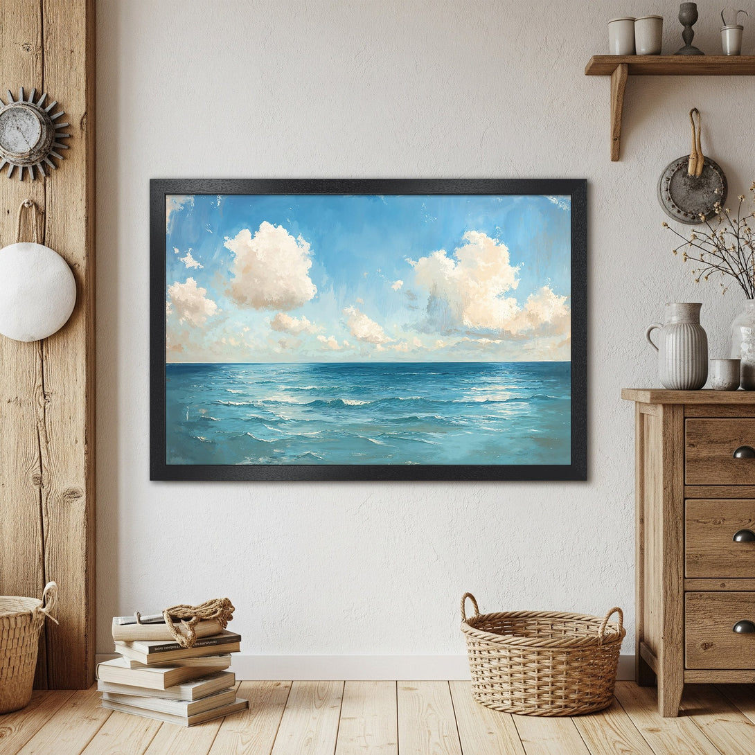 Framed Poster of ocean scene in blue and white, perfect for coastal decor.