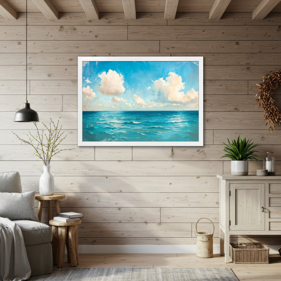 Framed Poster of ocean landscape painting in blue and white, perfect for coastal decor.