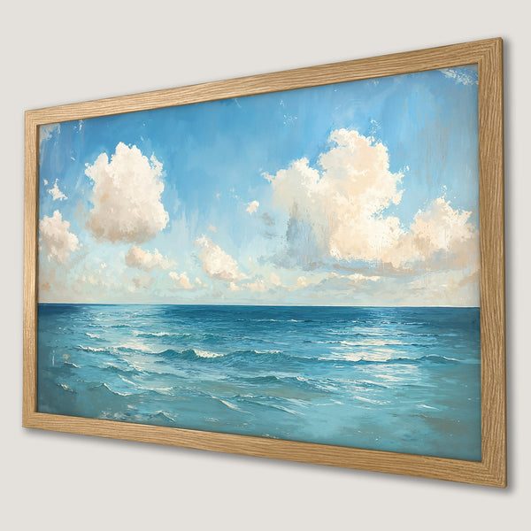 Framed Poster of ocean landscape painting in blue and white, perfect for coastal decor.