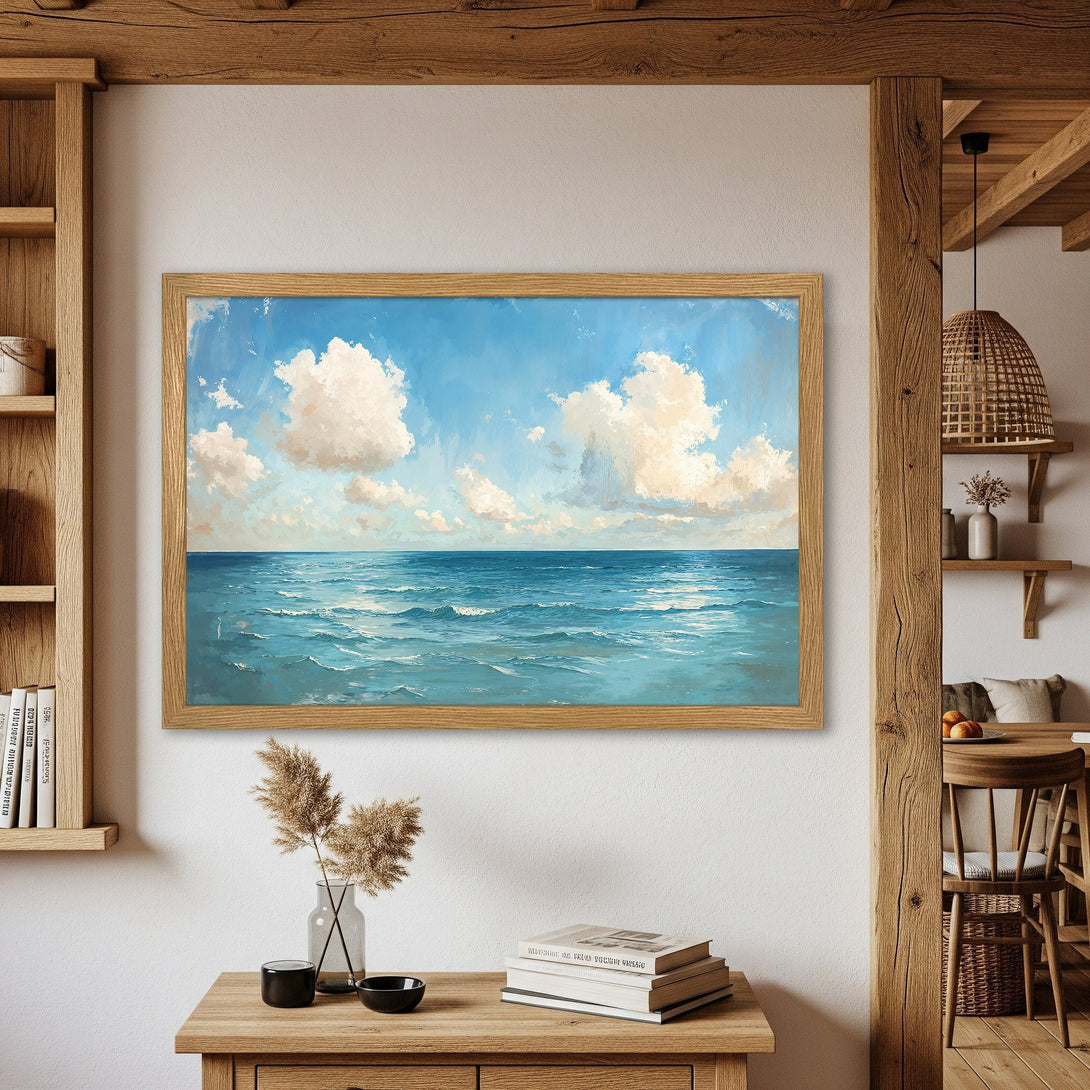 Framed Poster of a serene ocean scene with blue and white hues. Impressionistic style art for a calming home decor.