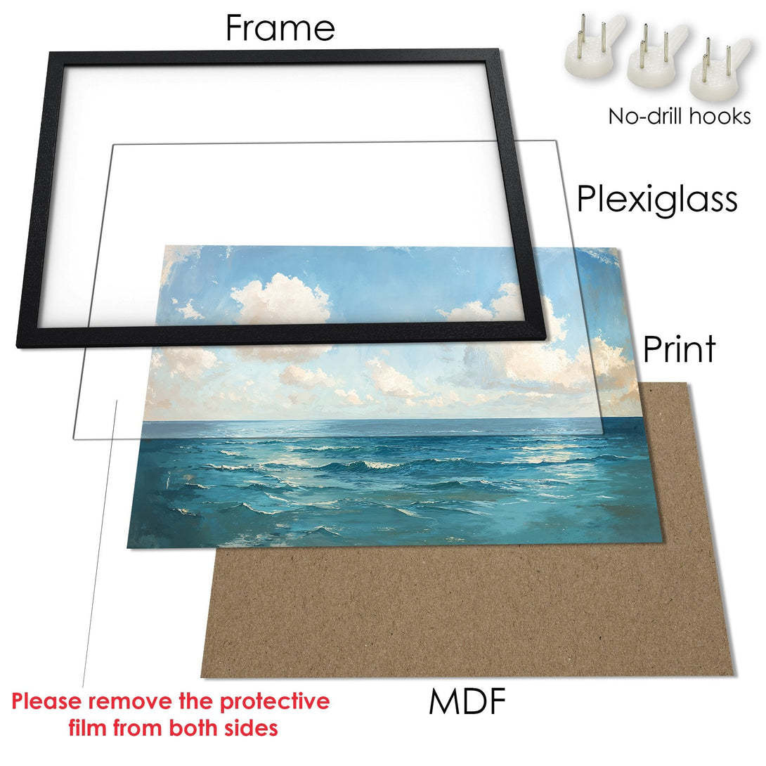 Framed Poster of ocean landscape art. Features blue, teal, and white color palette. Ready to hang with included hooks.