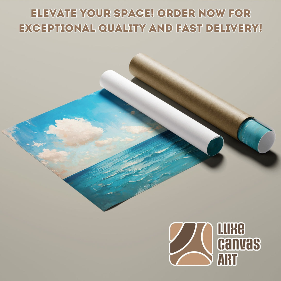 Poster Roll featuring an ocean landscape painting in blue and beige tones. Elevate your space!