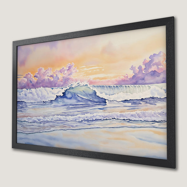 Framed Poster: Watercolor seascape art print with ocean waves, sunset sky, and pastel color palette. Perfect coastal decor.