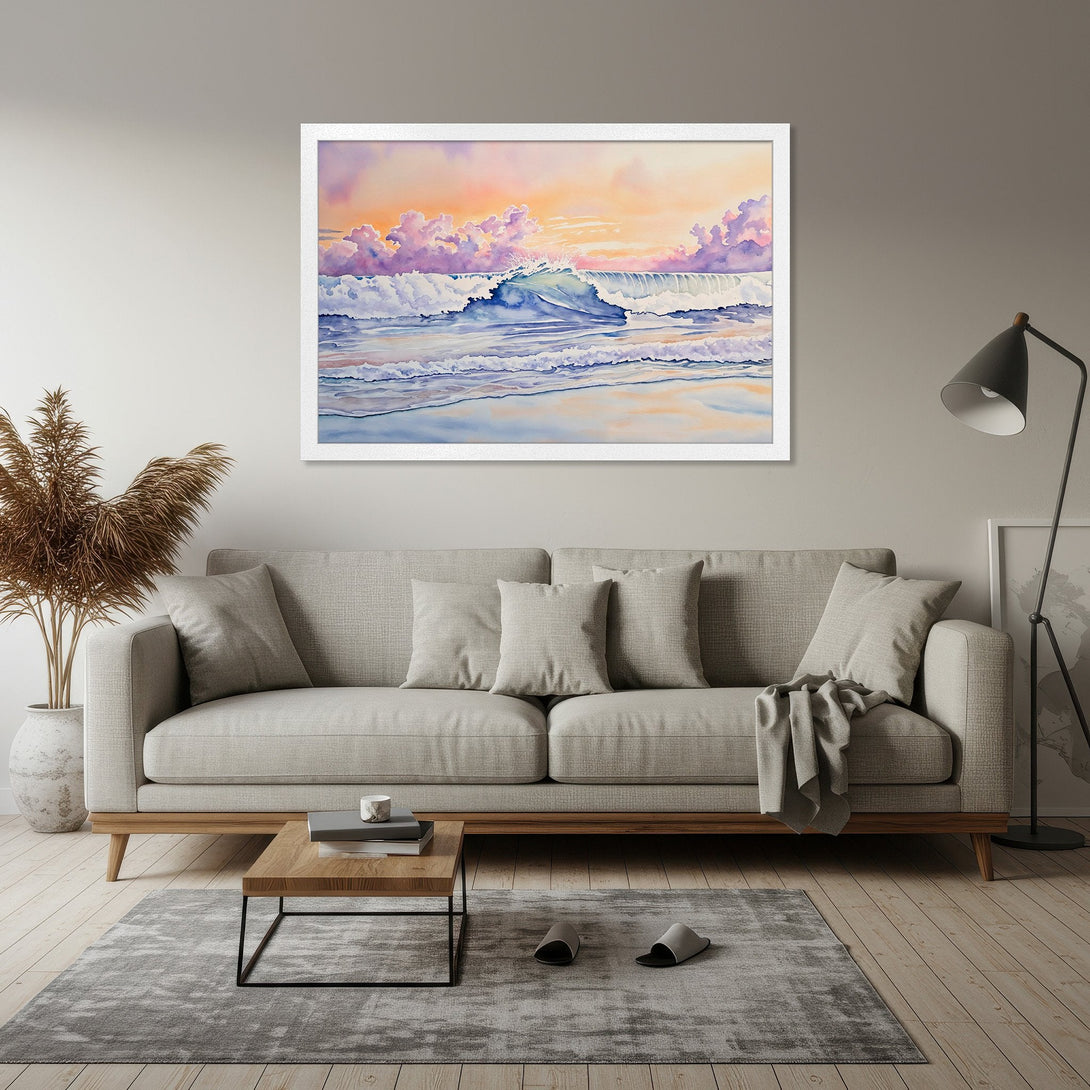 Framed Poster of a watercolor wave at sunset. Soft, pastel colors and a dreamy style. Perfect wall art for your home!