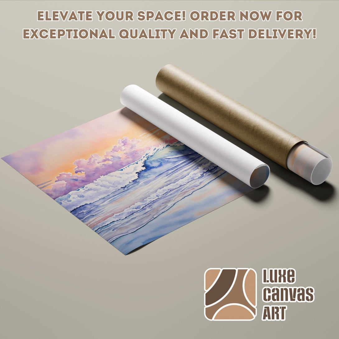 Watercolor Poster Roll featuring ocean waves in pastel colors. Elevate your space with Luxe Canvas Art.