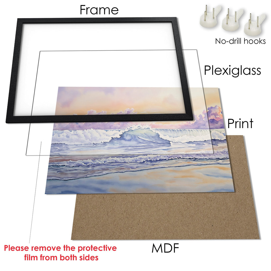 Framed Poster of a watercolor ocean scene in pastel blues and purples. Ready to hang art for your home!