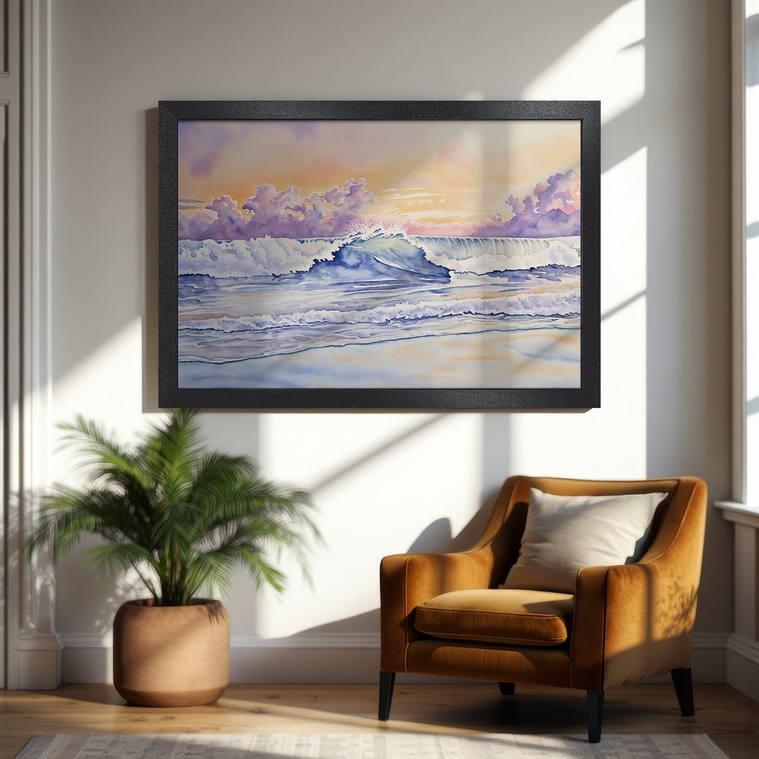 Framed Poster of watercolor ocean waves with sunset sky. Calming art in pastel blues, purples, and oranges. Perfect wall decor.