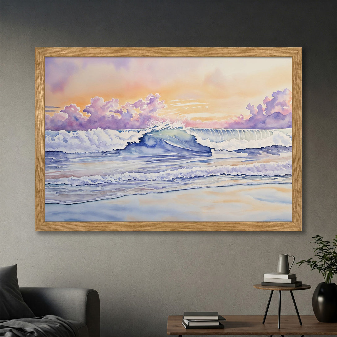 Framed Poster of a watercolor seascape with waves and sunset. Features a calming blue, purple, and orange color palette.