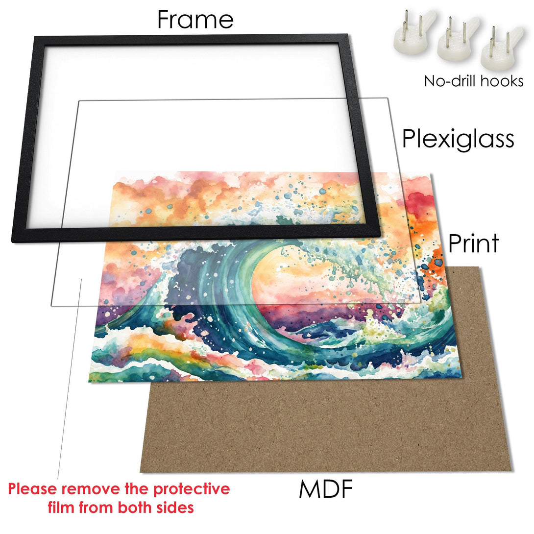 Framed Poster featuring a watercolor wave art print. Stunning blues, greens, and oranges. Perfect wall art!