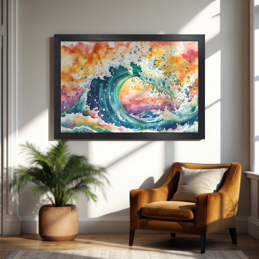 Framed Poster of a watercolor wave. Vibrant colors of blue, orange, and yellow. Perfect coastal art for your home.