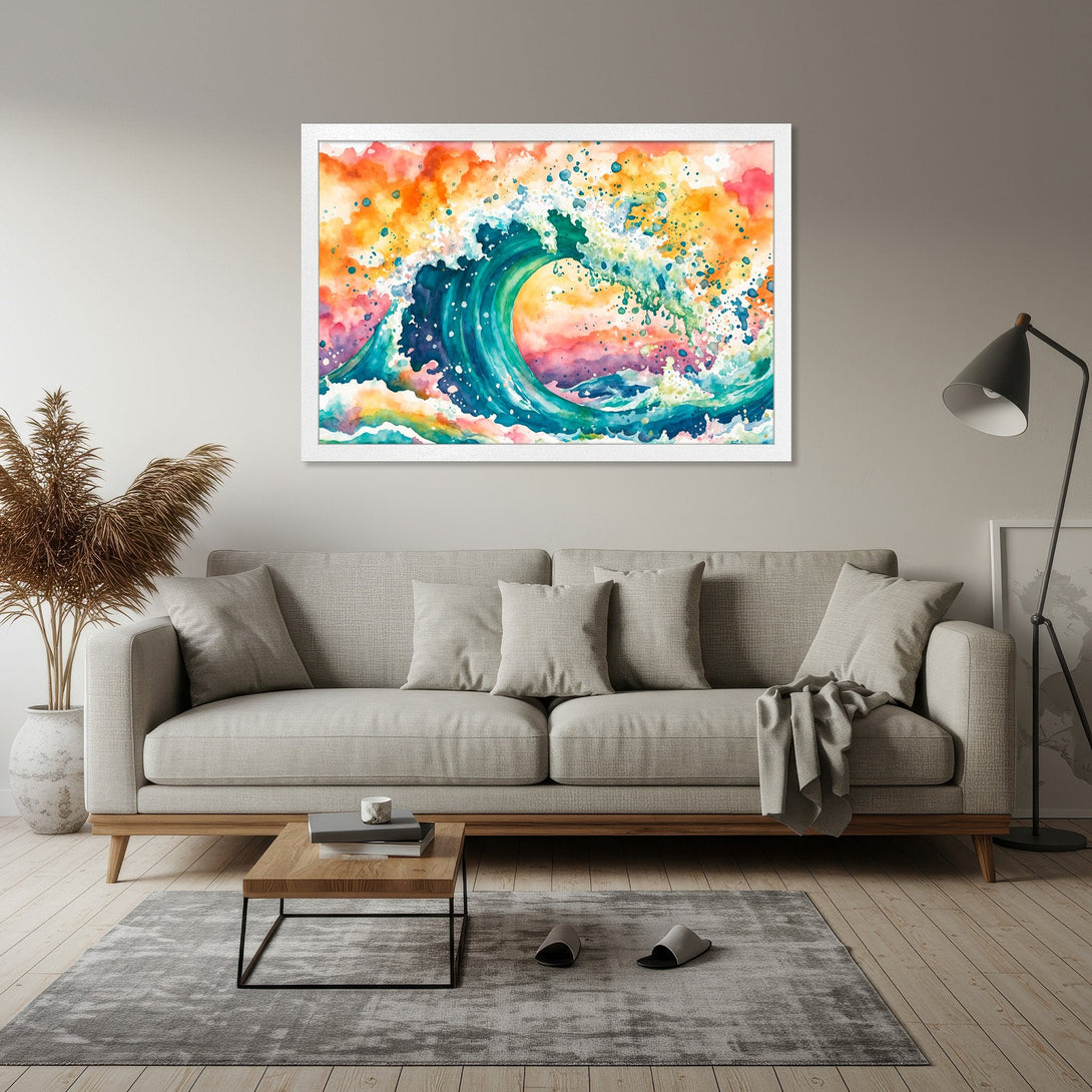 Framed Poster of a watercolor wave in vibrant orange, teal, and pink hues. Add a splash of color to your space!