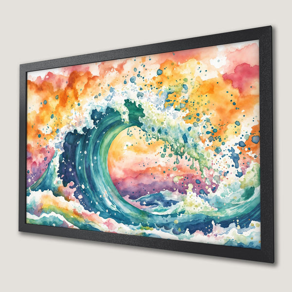Framed Poster featuring a watercolor wave in vibrant blues, greens, oranges, and pinks. Add a splash of art to your space!