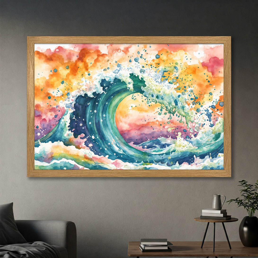 Framed Poster of a watercolor wave art print. Vibrant ocean scene with blue, green, orange, and pink hues. Perfect wall decor.