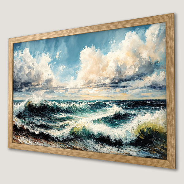 Framed Poster of a dramatic seascape painting with waves, clouds, and a blue/green color palette. Perfect wall art for your home!
