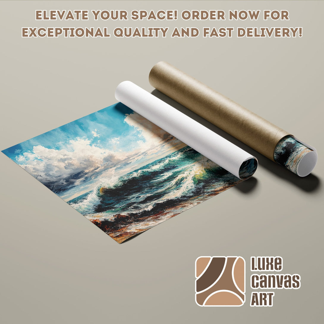Ocean wave art poster roll, blue & teal palette, ready to elevate your space! Order now.