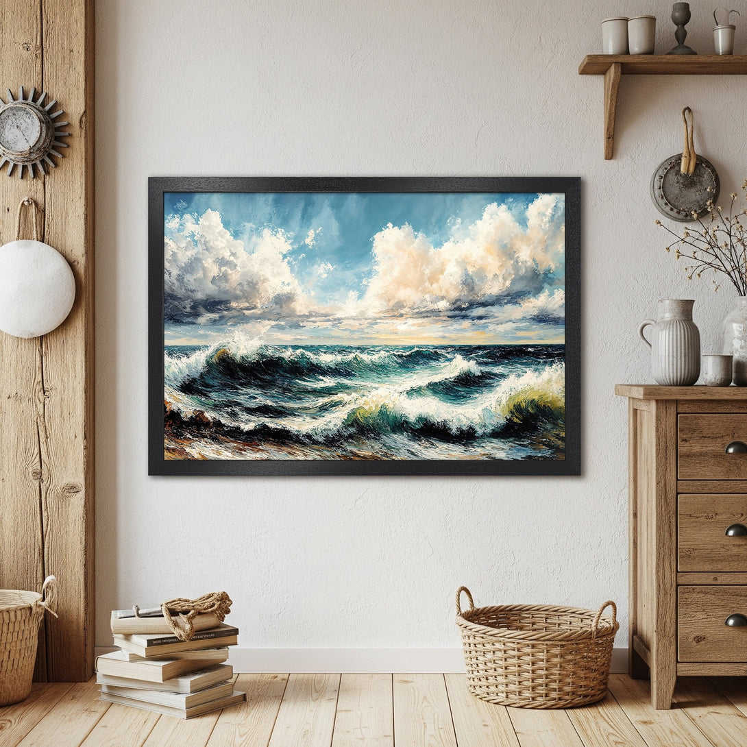Framed Poster: Ocean waves art print in blue and gold, perfect for coastal decor. Add a touch of serenity to your home!