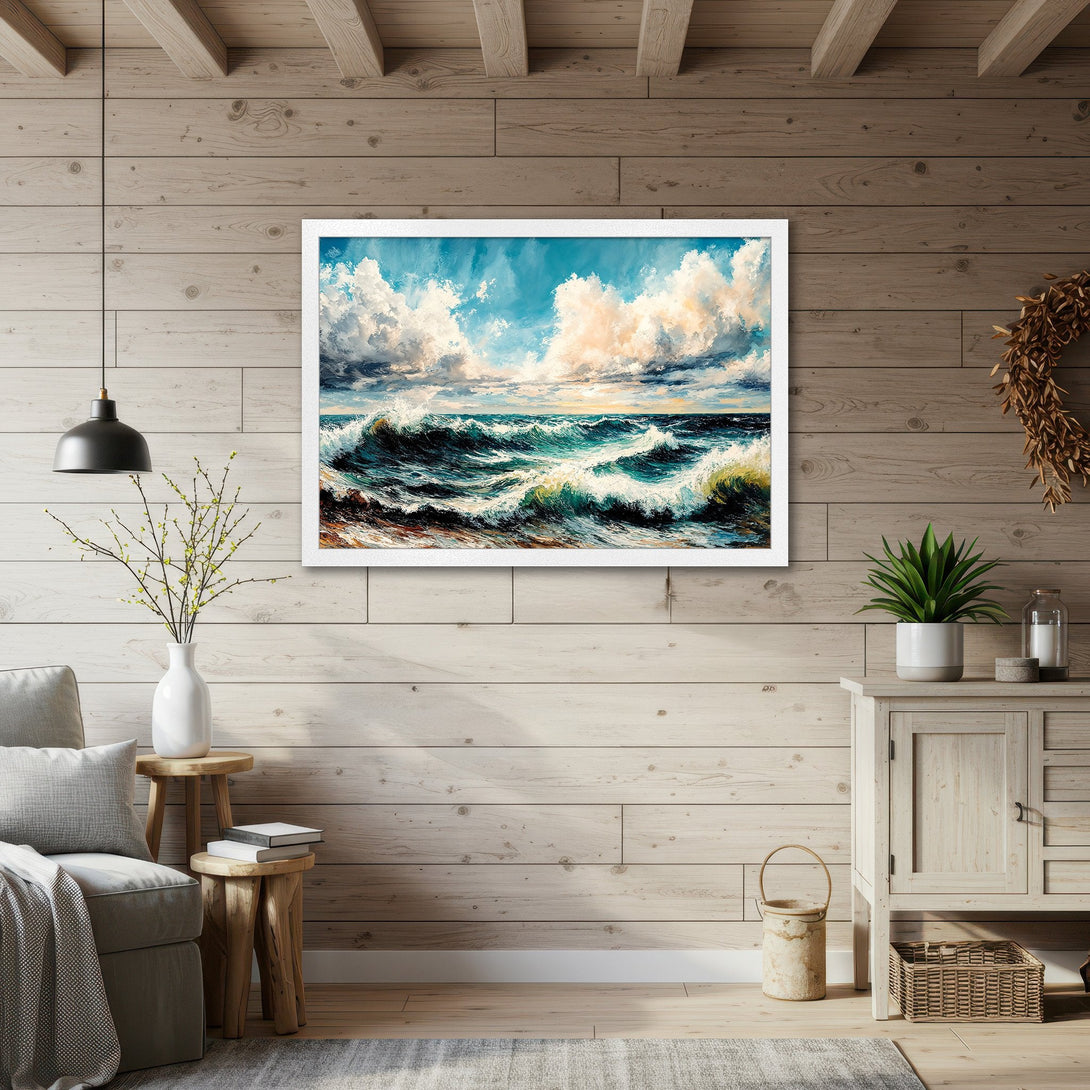 Framed Poster of ocean waves in blue, teal, and white. Coastal art for your home.