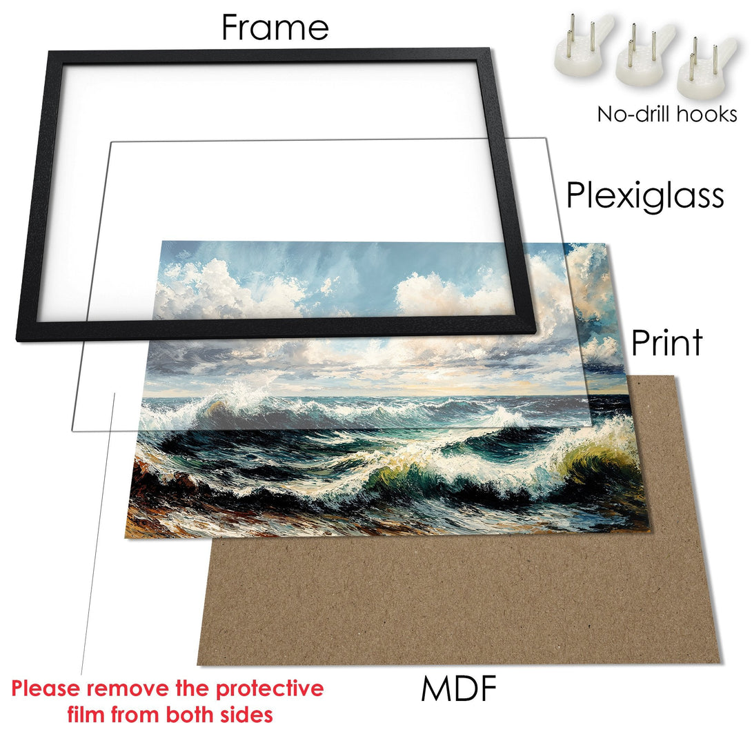 Framed Poster of ocean waves in a painterly style, featuring a blue, white, and green color palette. Ready to hang!