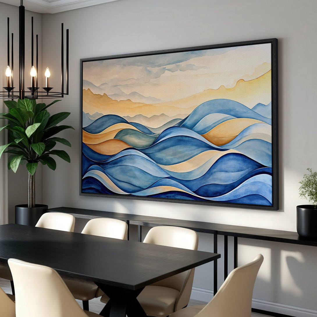 Framed Wall Art: Abstract watercolor landscape in blue and gold hues. Modern decor Canvas Print adds a touch of elegance to any interior.