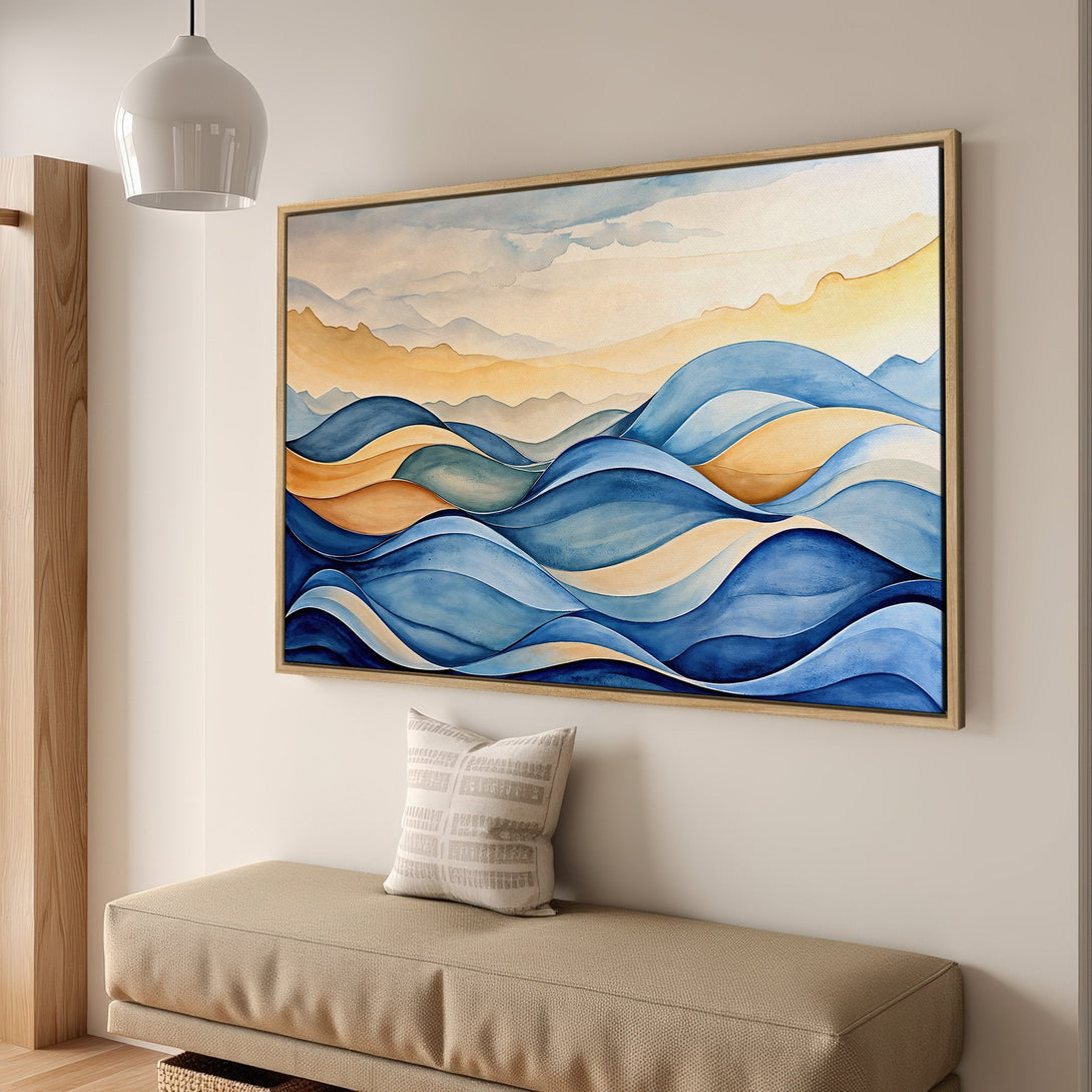 Framed Wall Art: Watercolor ocean waves in blue, gold, and beige. Modern abstract Canvas Print adds a calming touch to any interior.