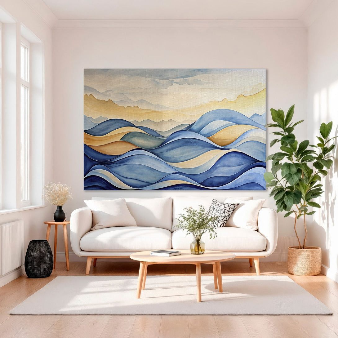 Framed Wall Art: Abstract watercolor landscape in blue & gold tones. Modern decor featuring ocean waves. Perfect for living room or bedroom.
