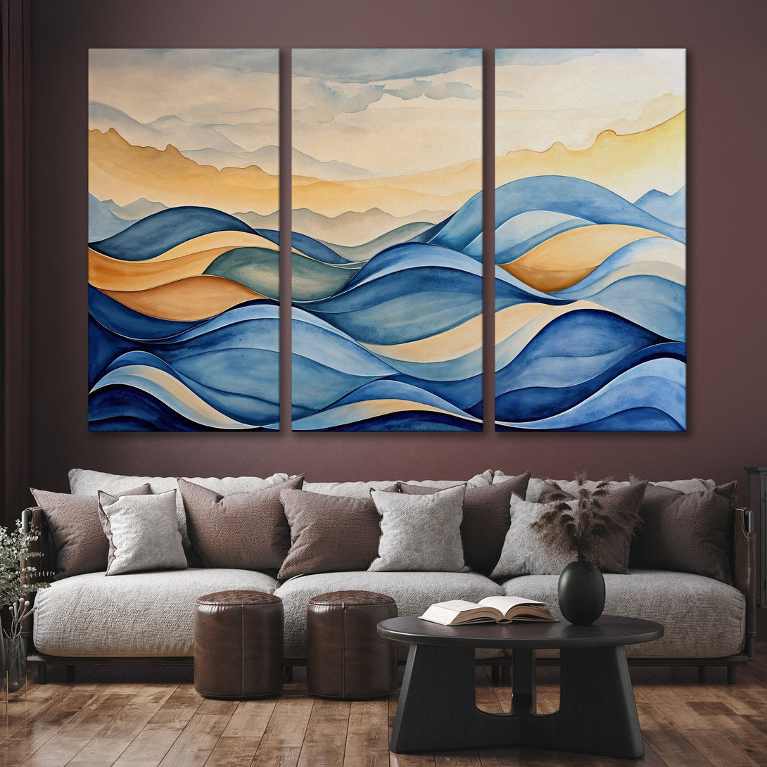 Canvas Print of abstract watercolor landscape art in blue and gold tones, perfect for modern home decor.