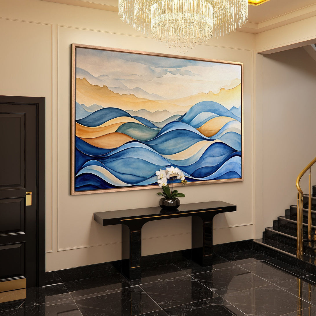 Framed Wall Art: Abstract watercolor waves in blue and gold hues. Modern art for home decor. Interior design inspiration.